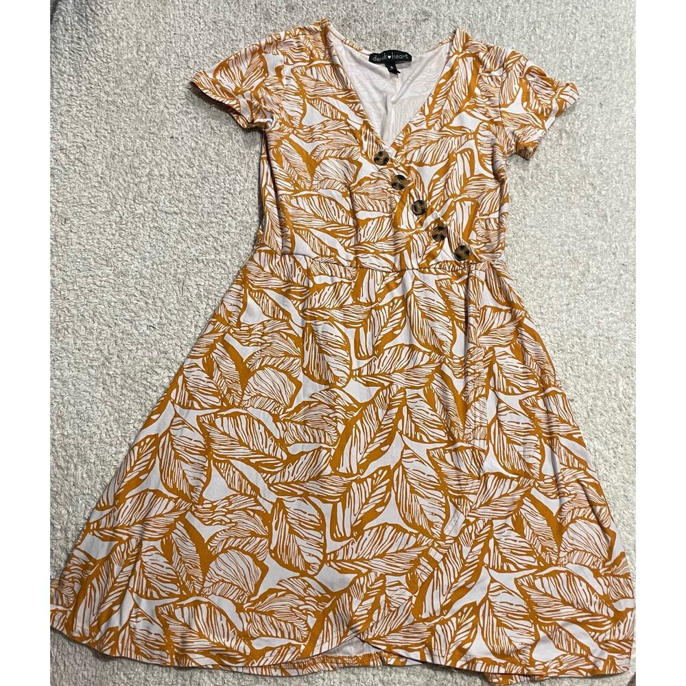 Derek Heart Faux Wrap Dress Knee Length Womens Small Short Sleeve Orange Leaves